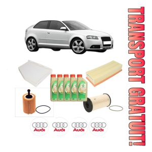 Set Pachet filtre revizie Bosch, 5 litrii ulei Castrol 5W30 AUDI A3 (8P1) 2.0 TDI din 2006-2008, 4x Stickere auto cu AUDI