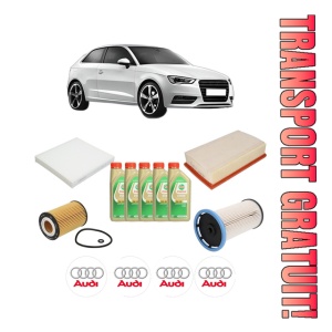 Set Pachet filtre revizie Bosch, 5 litrii ulei Castrol 5W30 AUDI A3 (8V1, 8VK) 1.6 TDI din 2017-2020, 4x Stickere auto cu AUDI