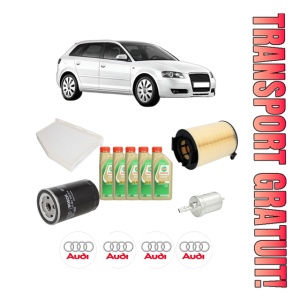 Set Pachet filtre revizie Bosch, 5 litrii ulei Castrol 5W30 AUDI A3 Sportback (8PA) 1.6 din 2004-2013, 4x Stickere auto cu AUDI
