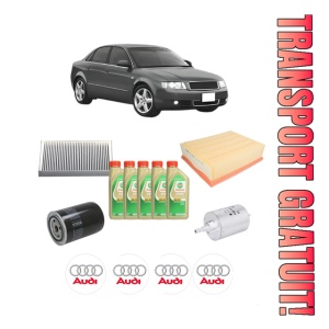 Set Pachet filtre revizie Bosch, 5 litrii ulei Castrol 5W30 AUDI A4 B6 (8E2) 1.8 T quattro din 2002-2004, 4x Stickere auto cu AUDI