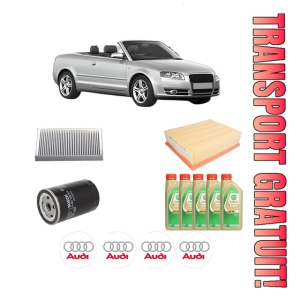 Set Pachet filtre revizie Bosch, 5 litrii ulei Castrol 5W30 AUDI A4 B6 Convertible (8H7) 1.8 T din 2002-2005, 4x Stickere auto cu AUDI