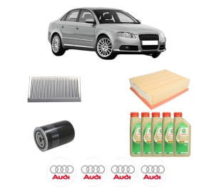 Set Pachet filtre revizie Bosch, 5 litrii ulei Castrol 5W30 AUDI A4 B7 (8EC) 1.8 T din 2004-2008, 4x Stickere auto cu AUDI - Img 2