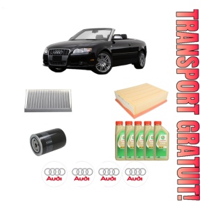 Set Pachet filtre revizie Bosch, 5 litrii ulei Castrol 5W30 AUDI A4 B7 Convertible (8HE) 1.8 T din 2006-2009, 4x Stickere auto cu AUDI