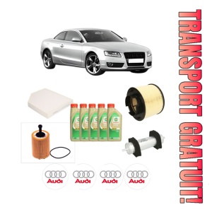 Set Pachet filtre revizie Bosch, 5 litrii ulei Castrol 5W30 AUDI A5 (8T3) 2.0 TDI din 2008-2017, 4x Stickere auto cu AUDI