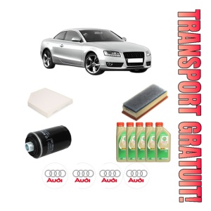 Set Pachet filtre revizie Bosch, 5 litrii ulei Castrol 5W30 AUDI A5 (8T3) 2.0 TFSI quattro din 2012-2017, 4x Stickere auto cu AUDI
