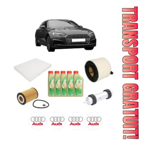 Set Pachet filtre revizie Bosch, 5 litrii ulei Castrol 5W30 AUDI A5 (F53, F5P) 40 TDI quattro din 2016, 4x Stickere auto cu AUDI