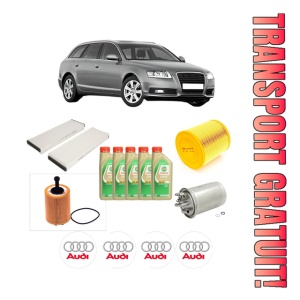 Set Pachet filtre revizie Bosch, 5 litrii ulei Castrol 5W30 AUDI A6 C6 Avant (4F5) 2.0 TDI din 2005-2011, 4x Stickere auto cu AUDI