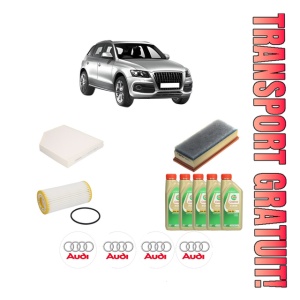Set Pachet filtre revizie Bosch, 5 litrii ulei Castrol 5W30 AUDI Q5 (8RB) 2.0 TFSI quattro din 2015-2017, 4x Stickere auto cu AUDI