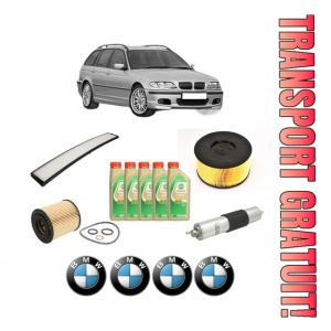 Set Pachet filtre revizie Bosch, 5 litrii ulei Castrol 5W30 BMW Seria 3 Touring (E46) 316 i din 2002-2005, 4x Stickere auto cu BMW
