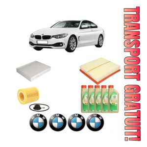 Set Pachet filtre revizie Bosch, 5 litrii ulei Castrol 5W30 BMW Seria 4 Coupe (F32, F82) 420 i xDrive din 2013-2016, 4x Stickere auto cu BMW