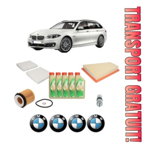 Set Pachet filtre revizie Bosch, 5 litrii ulei Castrol 5W30 BMW Seria 5 Touring (F11) 528 i xDrive din 2011-2017, 4x Stickere auto cu BMW