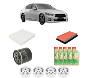 Set Pachet filtre revizie Bosch, 5 litrii ulei Castrol 5W30 INFINITI Q50 50 Hybrid din 2013, 4x Stickere auto cu INFINITI - Img 2