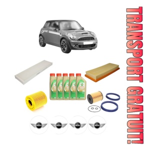 Set Pachet filtre revizie Bosch, 5 litrii ulei Castrol 5W30 MINI MINI (R56) Cooper S din 2006-2010, 4x Stickere auto cu MINI