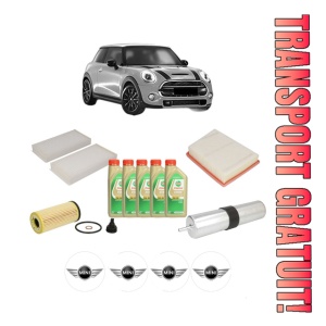 Set Pachet filtre revizie Bosch, 5 litrii ulei Castrol 5W30 MINI MINI (F56) One D din 2014, 4x Stickere auto cu MINI
