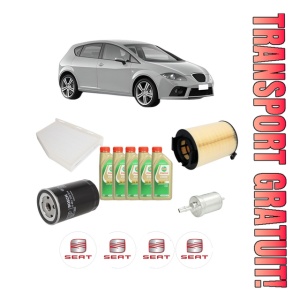 Set Pachet filtre revizie Bosch, 5 litrii ulei Castrol 5W30 SEAT LEON (1P1) 1.6 din 2005-2012, 4x Stickere auto cu SEAT