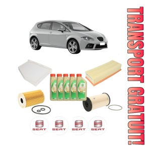 Set Pachet filtre revizie Bosch, 5 litrii ulei Castrol 5W30 SEAT LEON (1P1) 1.6 TDI din 2010-2012, 4x Stickere auto cu SEAT