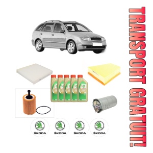 Set Pachet filtre revizie Bosch, 5 litrii ulei Castrol 5W30 SKODA FABIA I Combi (6Y5) 1.9 SDI din 2000-2007, 4x Stickere auto cu SKODA