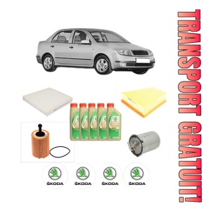 Set Pachet filtre revizie Bosch, 5 litrii ulei Castrol 5W30 SKODA FABIA I Saloon (6Y3) 1.4 TDI din 2005-2007, 4x Stickere auto cu SKODA