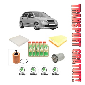 Set Pachet filtre revizie Bosch, 5 litrii ulei Castrol 5W30 SKODA FABIA I (6Y2) 1.4 TDI din 2005-2008, 4x Stickere auto cu SKODA