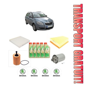 Set Pachet filtre revizie Bosch, 5 litrii ulei Castrol 5W30 SKODA FABIA II Combi (545) 1.9 TDI din 2007-2010, 4x Stickere auto cu SKODA