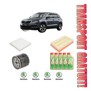 Set Pachet filtre revizie Bosch, 5 litrii ulei Castrol 5W30 SKODA KAROQ (NU7, ND7) 1.5 TSI 4x4 din 2017, 4x Stickere auto cu SKODA