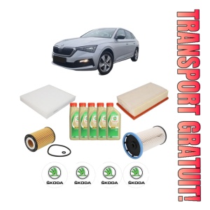 Set Pachet filtre revizie Bosch, 5 litrii ulei Castrol 5W30 SKODA SCALA (NW1) 1.6 TDI din 2019, 4x Stickere auto cu SKODA