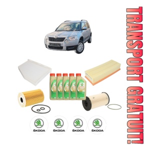 Set Pachet filtre revizie Bosch, 5 litrii ulei Castrol 5W30 SKODA YETI (5L) 1.6 TDI din 2010-2015, 4x Stickere auto cu SKODA