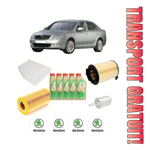 Set Pachet filtre revizie Bosch, 5 litrii ulei Castrol 5W30 SKODA Octavia II (1Z3) 2.0 FSI din 2004-2008, 4x Stickere auto cu SKODA