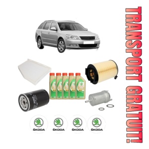 Set Pachet filtre revizie Bosch, 5 litrii ulei Castrol 5W30 SKODA Octavia II Combi (1Z5) 1.6 din 2004-2013, 4x Stickere auto cu SKODA