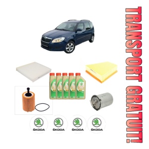 Set Pachet filtre revizie Bosch, 5 litrii ulei Castrol 5W30 SKODA ROOMSTER (5J7) 1.4 TDI din 2006-2010, 4x Stickere auto cu SKODA