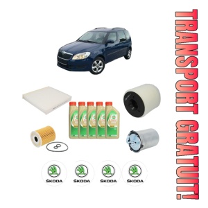 Set Pachet filtre revizie Bosch, 5 litrii ulei Castrol 5W30 SKODA ROOMSTER (5J7) 1.2 TDI din 2010-2015, 4x Stickere auto cu SKODA
