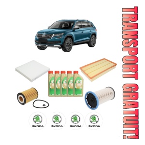 Set Pachet filtre revizie Bosch, 5 litrii ulei Castrol 5W30 SKODA KODIAQ I (NS6, NS7, NV7) 2.0 RS Bi-TDI 4x4 din 2018, 4x Stickere auto cu SKODA
