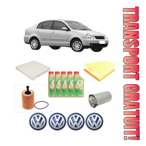 Set Pachet filtre revizie Bosch, 5 litrii ulei Castrol 5W30 Volkswagen POLO IV Saloon (9A4, 9A2, 9N2, 9A6) 1.9 SDI din 2002-2012, 4x Stickere auto cu Volkswagen