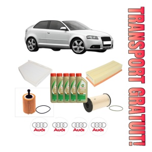 Set Pachet filtre revizie Bosch, 5 litrii ulei Castrol 5W40 AUDI A3 (8P1) 1.9 TDI din 2003-2010, 4x Stickere auto cu AUDI