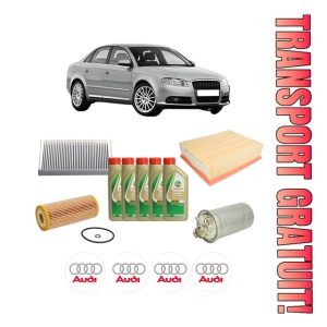 Set Pachet filtre revizie Bosch, 5 litrii ulei Castrol 5W40 AUDI A4 B7 (8EC) 1.9 TDI din 2004-2008, 4x Stickere auto cu AUDI