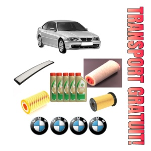 Set Pachet filtre revizie Bosch, 5 litrii ulei Castrol 5W40 BMW Seria 3 (E46) 318 d din 2001-2003, 4x Stickere auto cu BMW