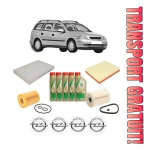 Set Pachet filtre revizie Bosch, 5 litrii ulei Castrol 5W40 OPEL ASTRA G Estate (T98) 1.7 CDTI (F35) din 2003-2004, 4x Stickere auto cu OPEL