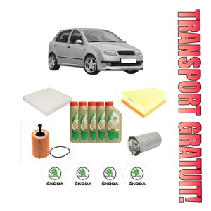 Set Pachet filtre revizie Bosch, 5 litrii ulei Castrol 5W40 SKODA FABIA I (6Y2) 1.4 TDI din 2003-2008, 4x Stickere auto cu SKODA