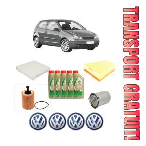 Set Pachet filtre revizie Bosch, 5 litrii ulei Castrol 5W40 Volkswagen POLO IV (9N_, 9A_) 1.4 TDI din 2005-2009, 4x Stickere auto cu Volkswagen