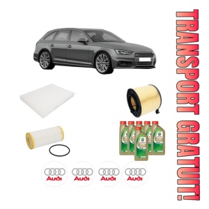 Set Pachet filtre revizie Bosch, 6 litrii ulei Castrol 0W20 AUDI A4 B9 Avant (8W5, 8WD) 40 TFSI Mild Hybrid quattro din 2020, 4x Stickere auto cu AUDI