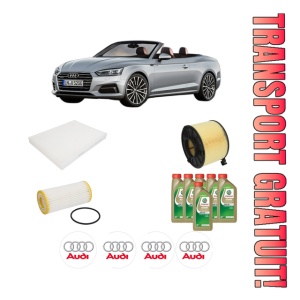 Set Pachet filtre revizie Bosch, 6 litrii ulei Castrol 0W20 AUDI A5 Convertible (F57, F5E) 40 TFSI Mild Hybrid din 2017, 4x Stickere auto cu AUDI