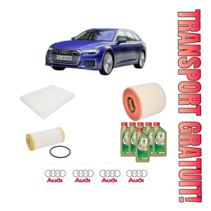 Set Pachet filtre revizie Bosch, 6 litrii ulei Castrol 0W20 AUDI A6 C8 Avant (4A5) 45 TFSI Mild Hybrid din 2020, 4x Stickere auto cu AUDI