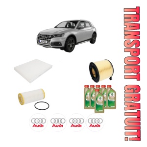 Set Pachet filtre revizie Bosch, 6 litrii ulei Castrol 0W20 AUDI Q5 (FYB, FYG) 50 TFSI e quattro din 2019, 4x Stickere auto cu AUDI