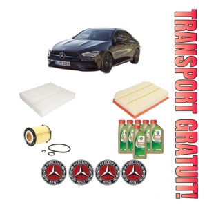 Set Pachet filtre revizie Bosch, 6 litrii ulei Castrol 0W20 MERCEDES-BENZ CLA (C118) CLA 250 (118.346) din 2019, 4x Stickere auto cu MERCEDES-BENZ