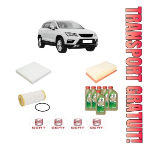Set Pachet filtre revizie Bosch, 6 litrii ulei Castrol 0W20 SEAT ATECA (KH7, KHP) 2.0 TSI 4Drive din 2017, 4x Stickere auto cu SEAT