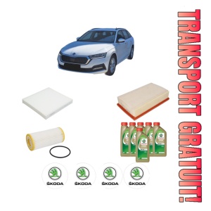 Set Pachet filtre revizie Bosch, 6 litrii ulei Castrol 0W20 SKODA Octavia IV Combi (NX5, PV5) 2.0 TSI 4x4 din 2020, 4x Stickere auto cu SKODA