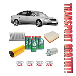 Set Pachet filtre revizie Bosch, 6 litrii ulei Castrol 10W40 AUDI A6 C5 (4B2, 4B4) 2.5 TDI din 2002-2005, 4x Stickere auto cu AUDI