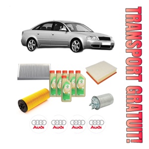 Set Pachet filtre revizie Bosch, 6 litrii ulei Castrol 5W30 AUDI A6 C5 (4B2, 4B4) 2.5 TDI din 2001-2005, 4x Stickere auto cu AUDI