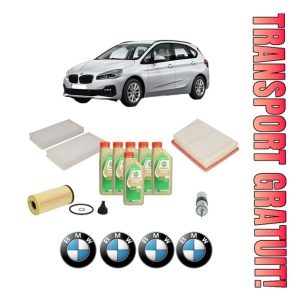 Set Pachet filtre revizie Bosch, 6 litrii ulei Castrol 5W30 BMW Seria 2 Active Tourer (F45) 225 i din 2013-2019, 4x Stickere auto cu BMW