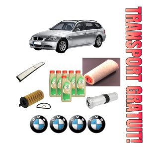 Set Pachet filtre revizie Bosch, 6 litrii ulei Castrol 5W30 BMW Seria 3 Touring (E91) 320 d din 2005-2012, 4x Stickere auto cu BMW